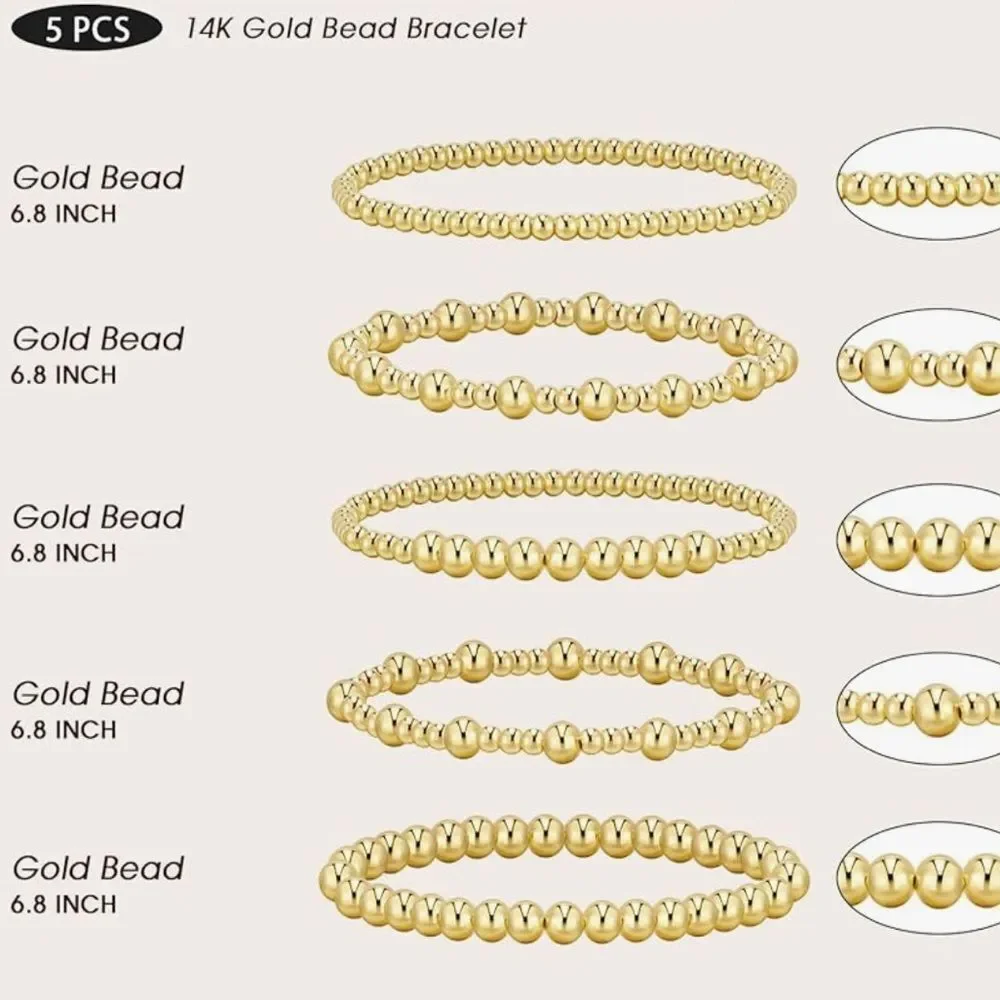 NEW 14K Gold Plated Bracelet Stack Strand Stretch Bead Ball Bracelet Set